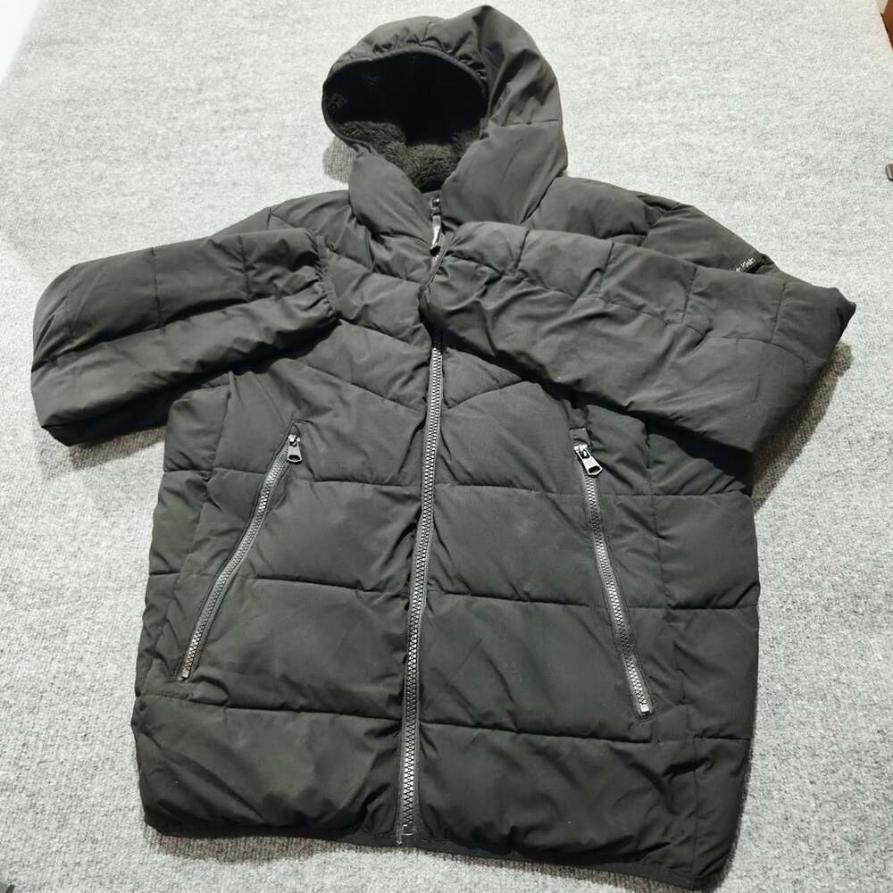 Calvin Klein Puffer Jacket Size L Black Sherpa Lined Hood Chevron